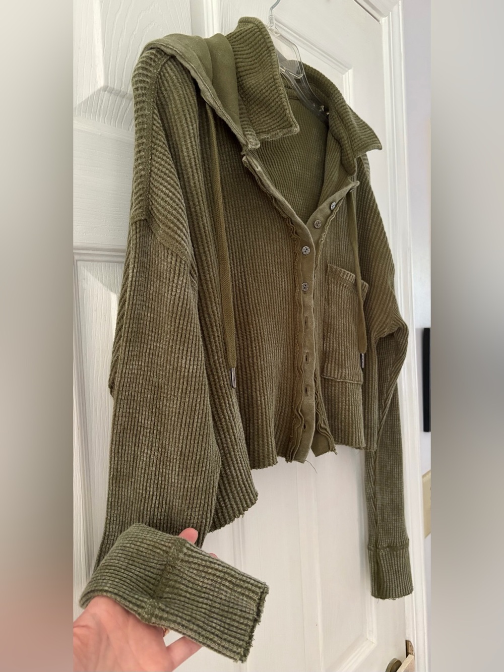 Forever 21 Olive Green Ribbed Cropped Hoodie Cardigan - Picture 3 of 4